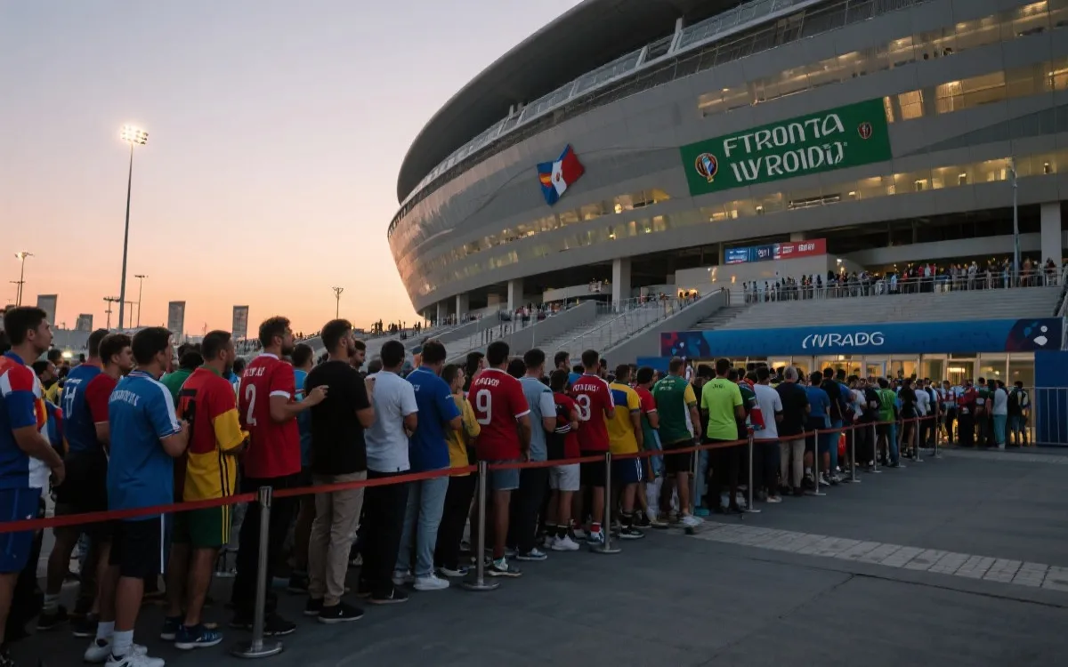 球迷在大型现代球场外排队等待2026世界杯比赛,夕阳下氛围热烈